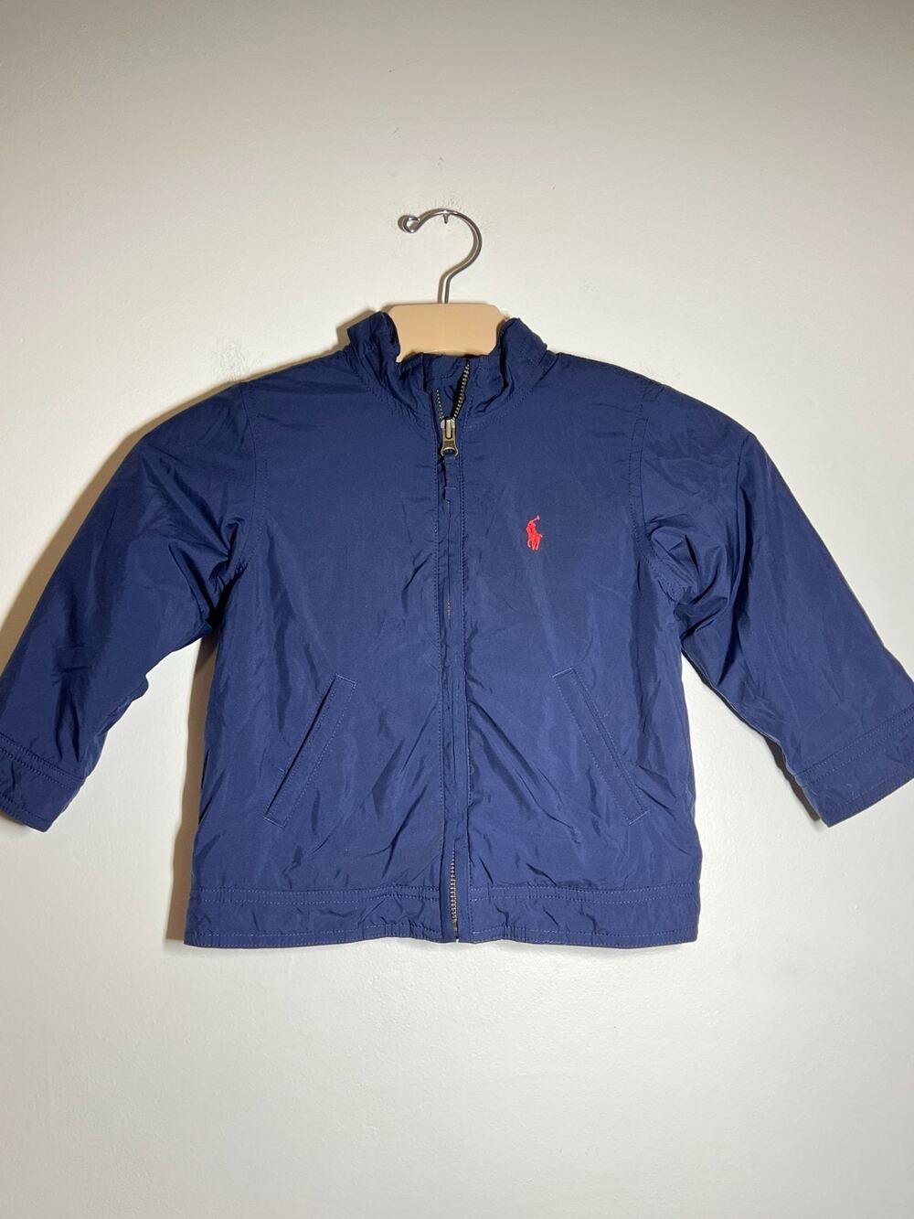 Polo Ralph Lauren Navy Blue Fleece Lined Full Zip Hooded Windbreaker Jacket 2/2T